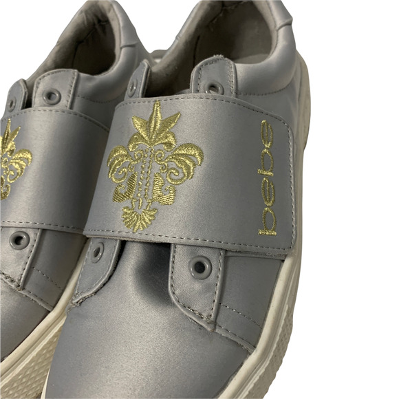Bebe Gray Nylon Gold Embroidered Slide Sneakers US 10 Brighton ZGD12 Women - Picture 6 of 12